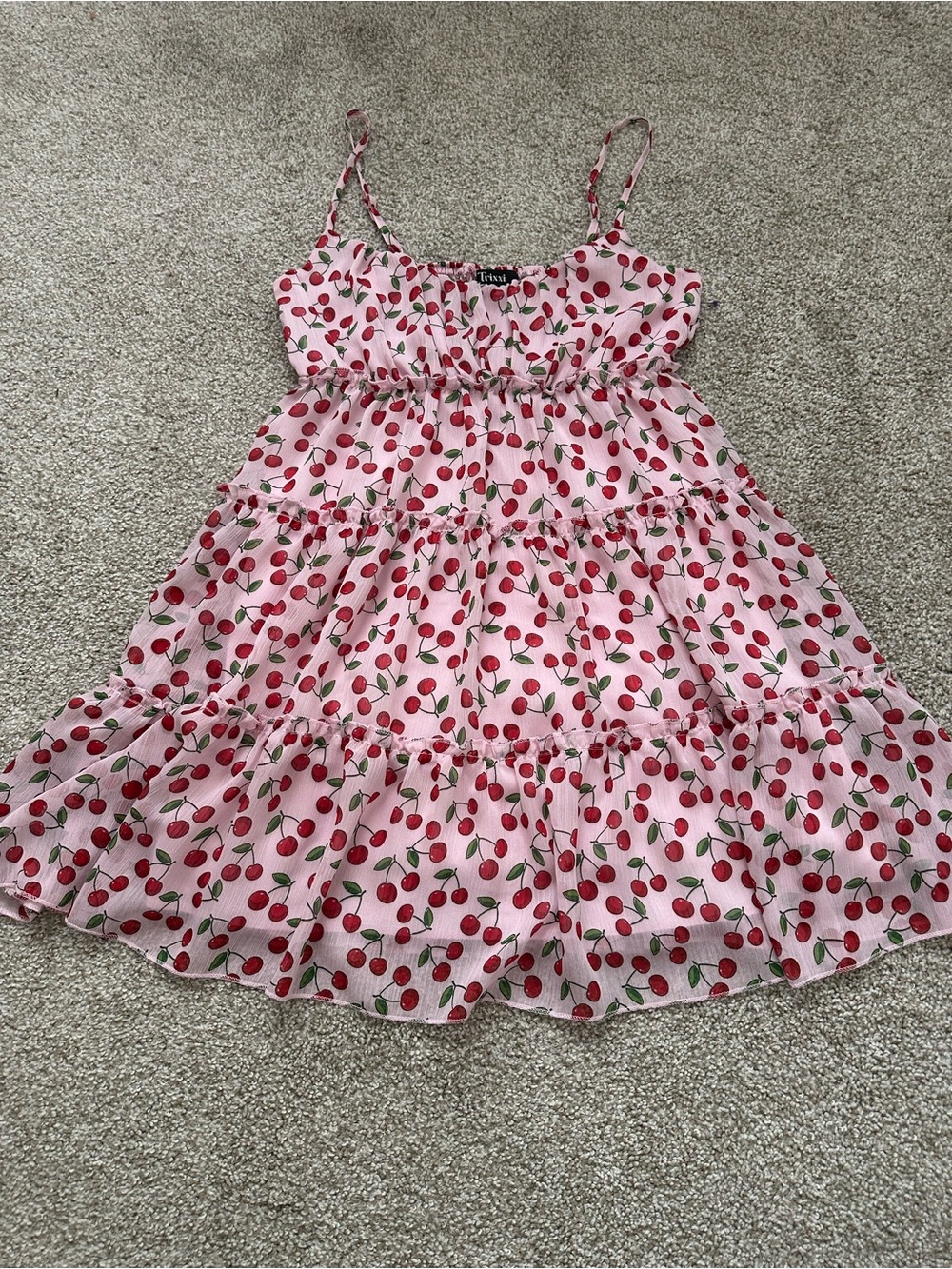 Trixxi Pink Cherry Print Tiered Babydoll Dress – Size M - Picture 3 of 10